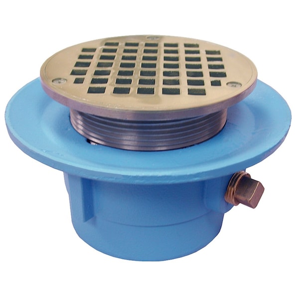 3in No Hub Code Blue Slab Drain, 7in Pan, 5in Nickel Bronze Round Strainer